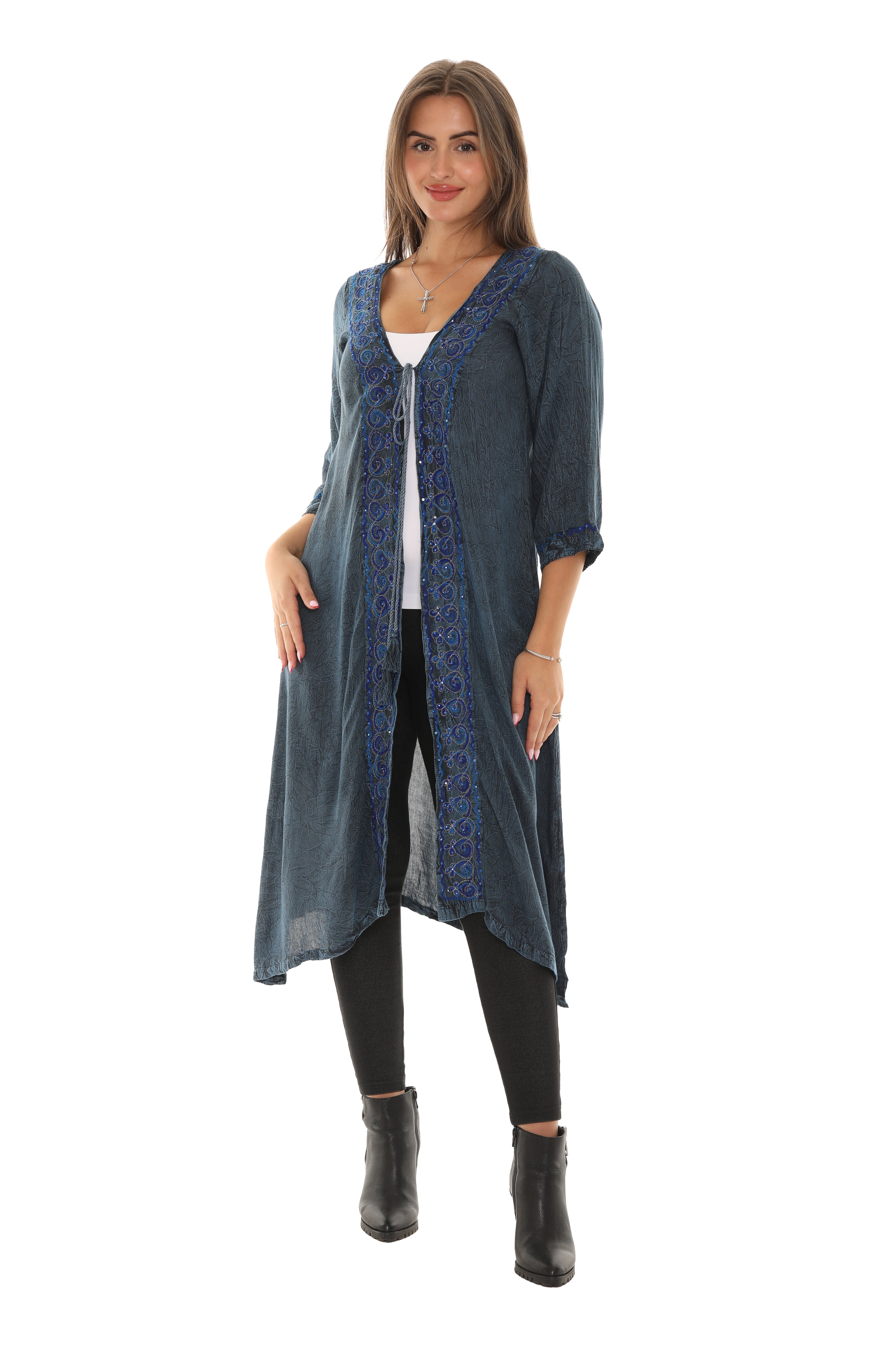 Sequin-Accent Embroidered Three-Quarter Sleeve Duster - Shoreline Wear, Inc. Main image