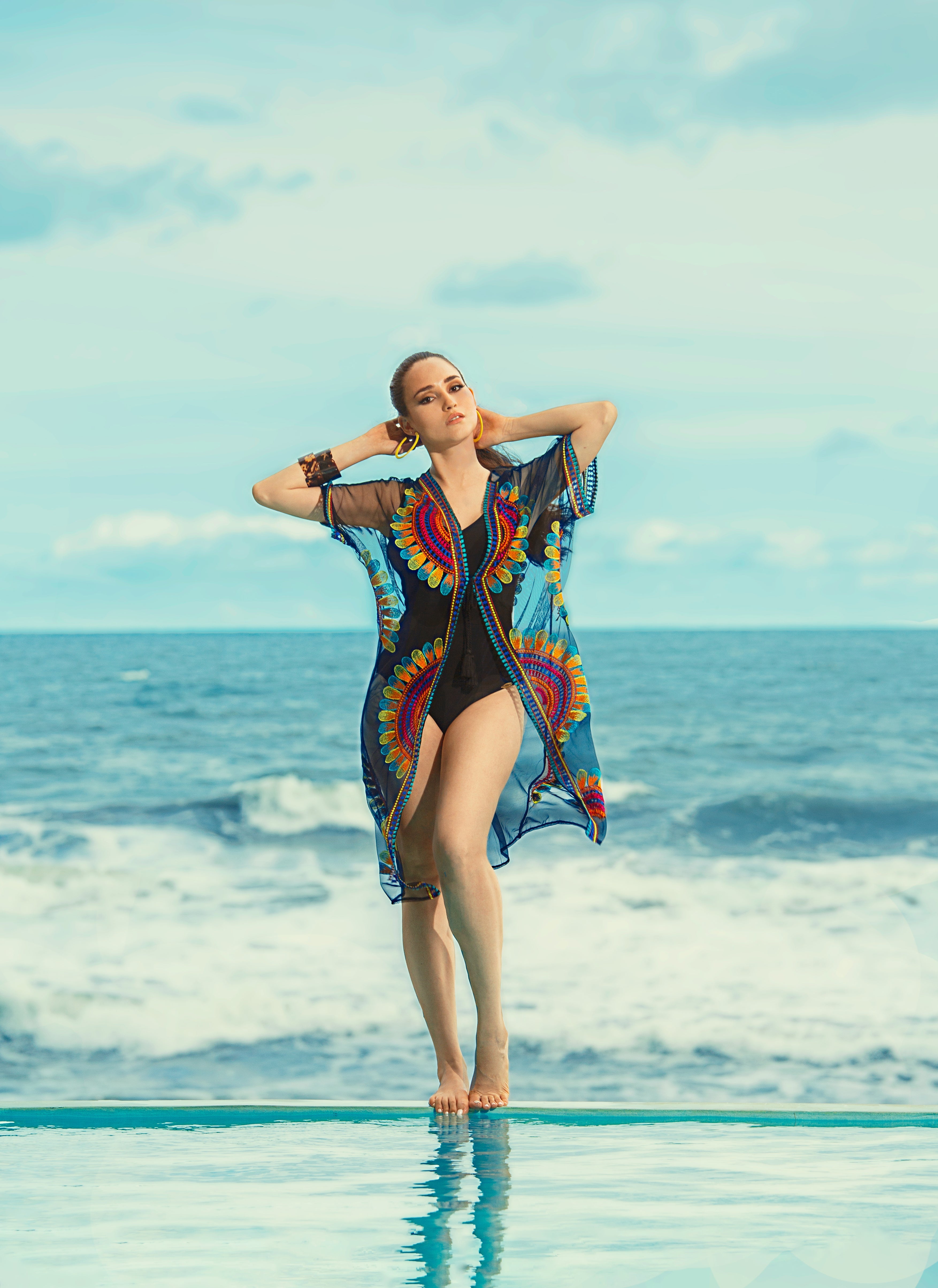 Women’s Sheer Mesh Floral Embroidered Long Beach Duster Secondary image