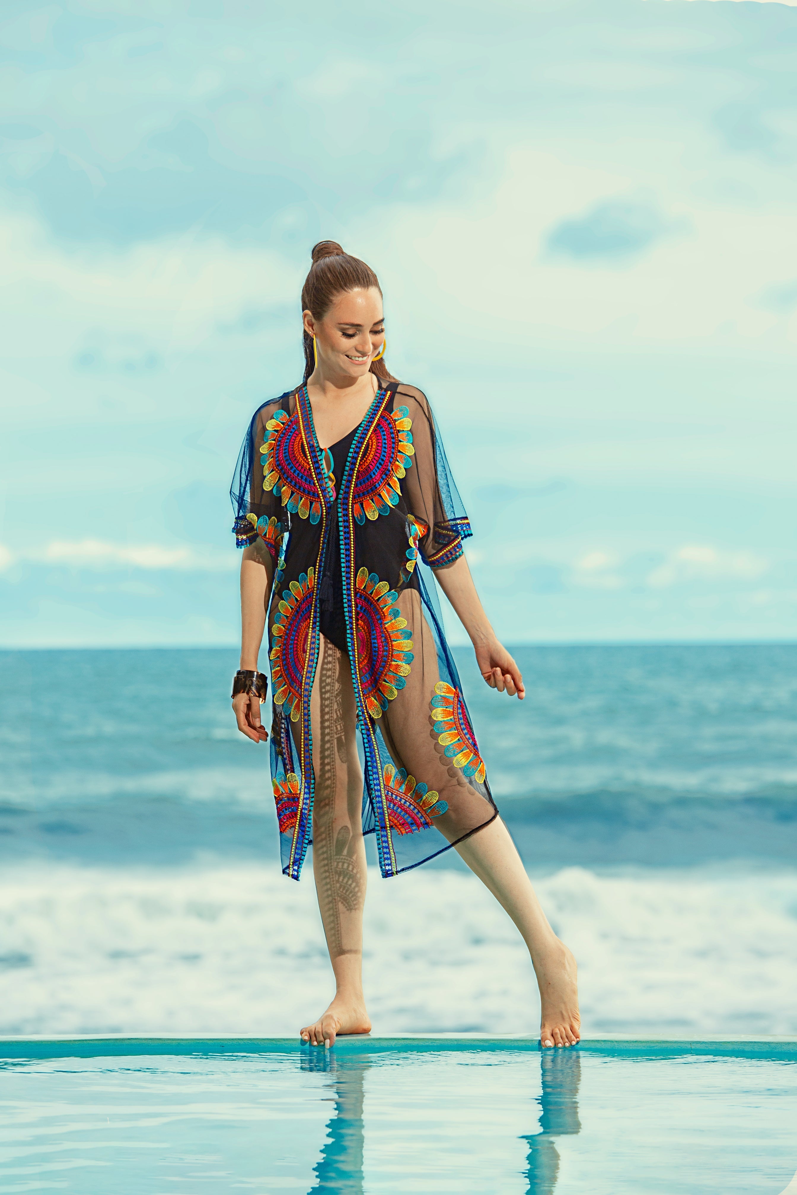 Women’s Sheer Mesh Floral Embroidered Long Beach Duster - Charming Charlie Main image