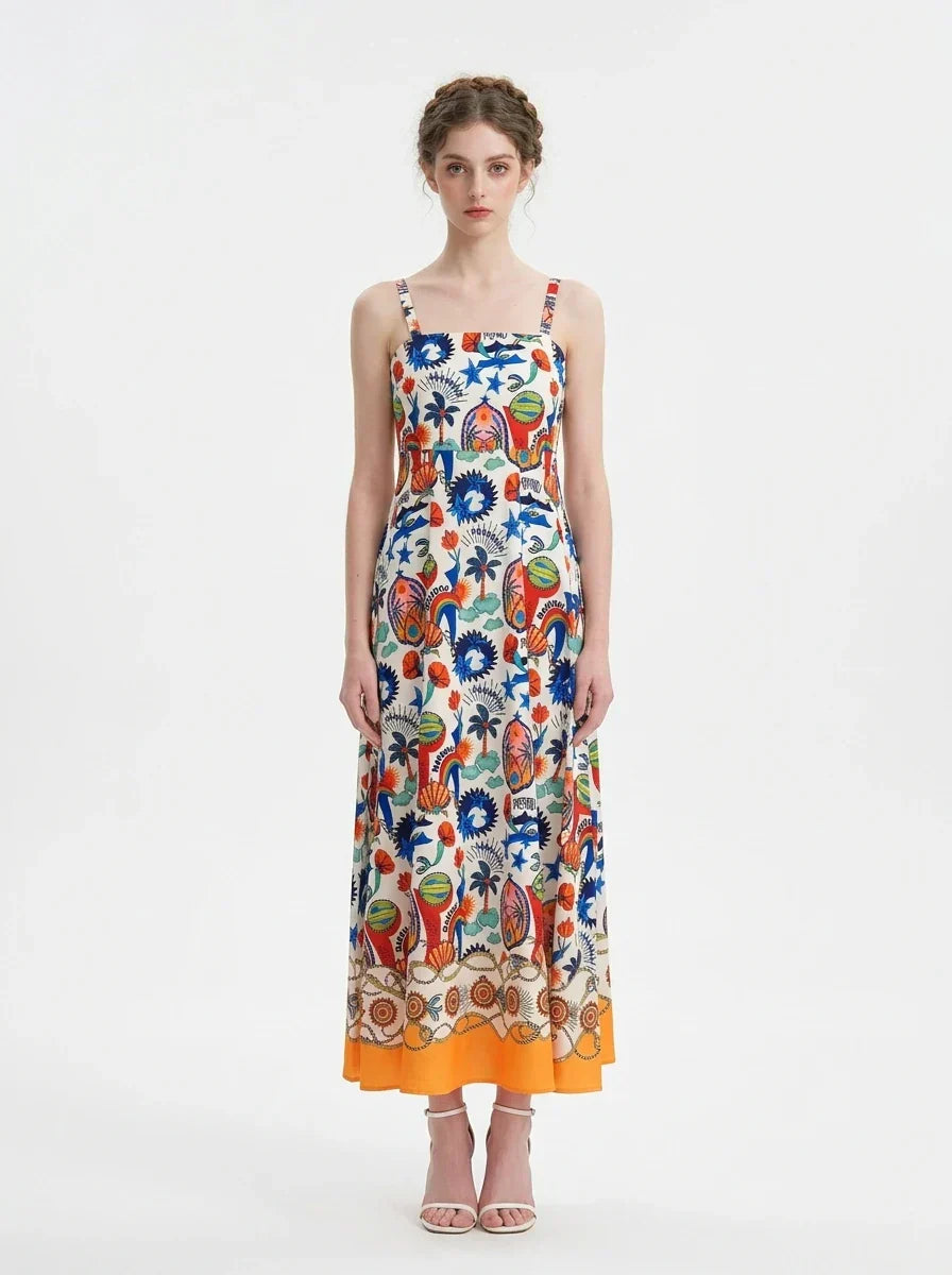 Tropical Sun and Palm Digital Print Strappy Maxi Dress Main image