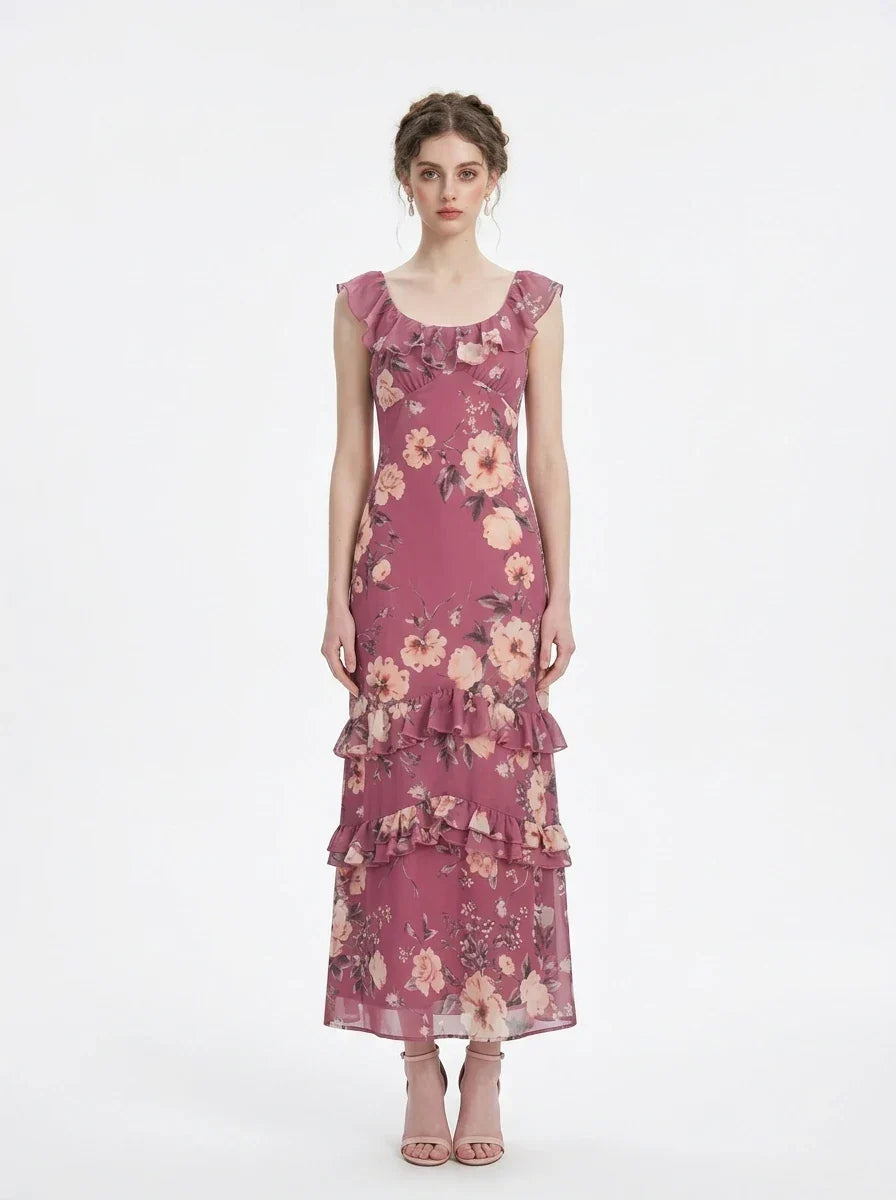 Plum Floral Ruffle Tiered Maxi Dress Main image