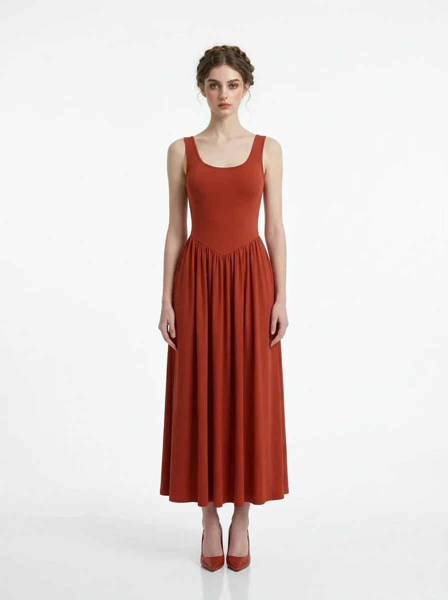 Rust Red Scoop Neck Stereo Cut Maxi Dress