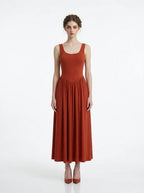 Rust Red Scoop Neck Stereo Cut Maxi Dress