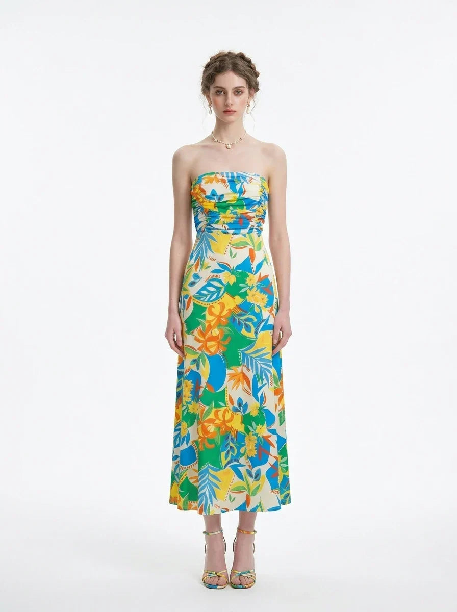 Tropical Strapless Back Cut Out Midi Dress Main image