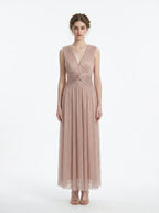 Rose Gold Metallic V-Neck Maxi Dress