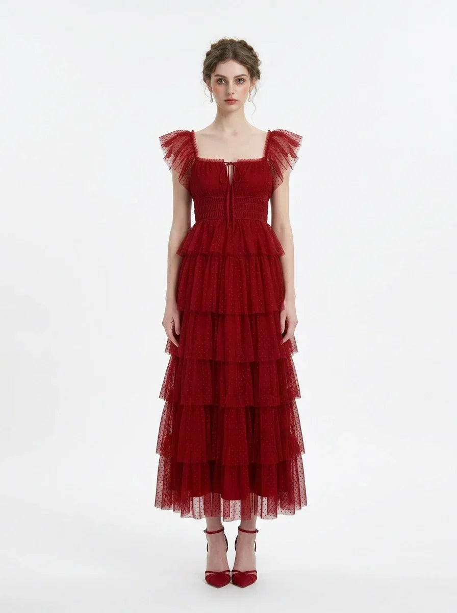 Red Tiered Ruffle Tulle Midi Dress Main image