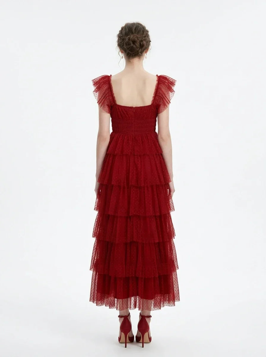 Red Tiered Ruffle Tulle Midi Dress Secondary image