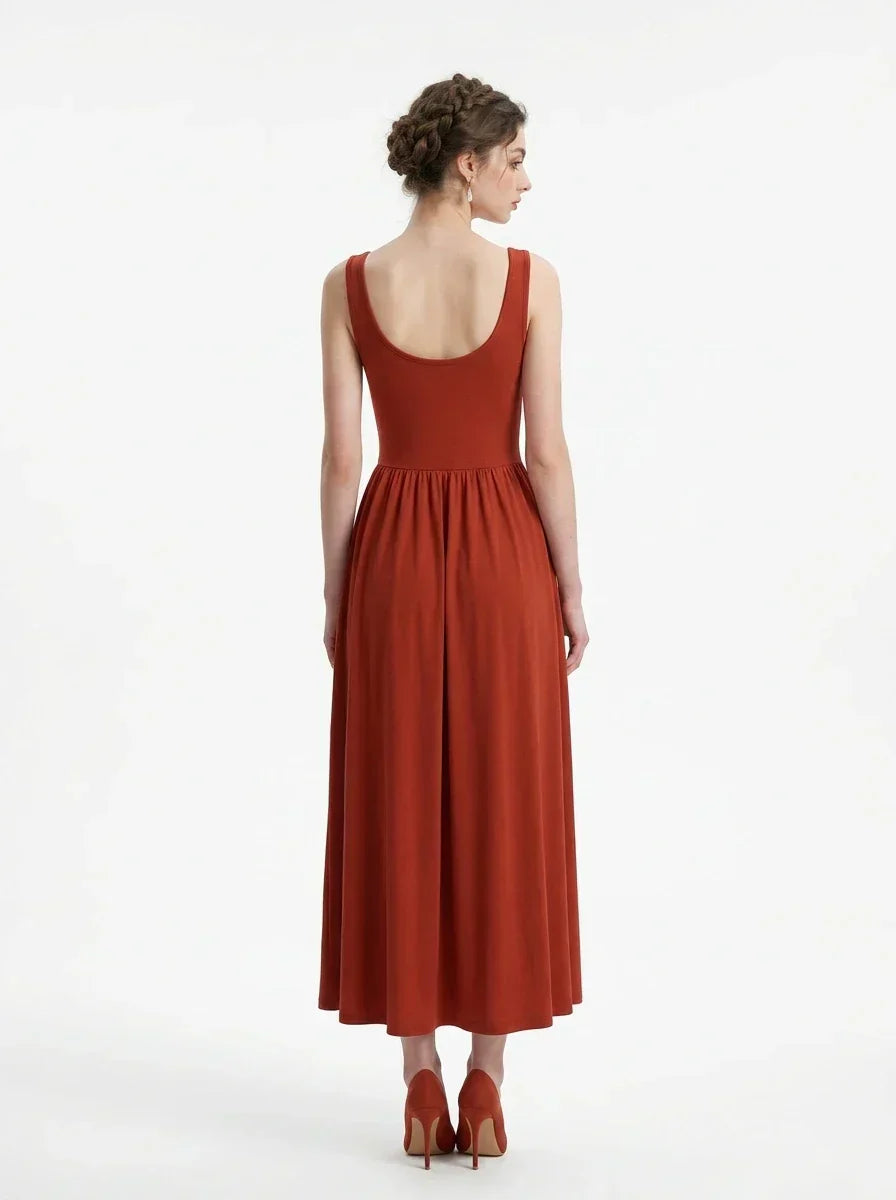 Rust Red Scoop Neck Stereo Cut Maxi Dress