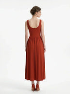 Rust Red Scoop Neck Stereo Cut Maxi Dress