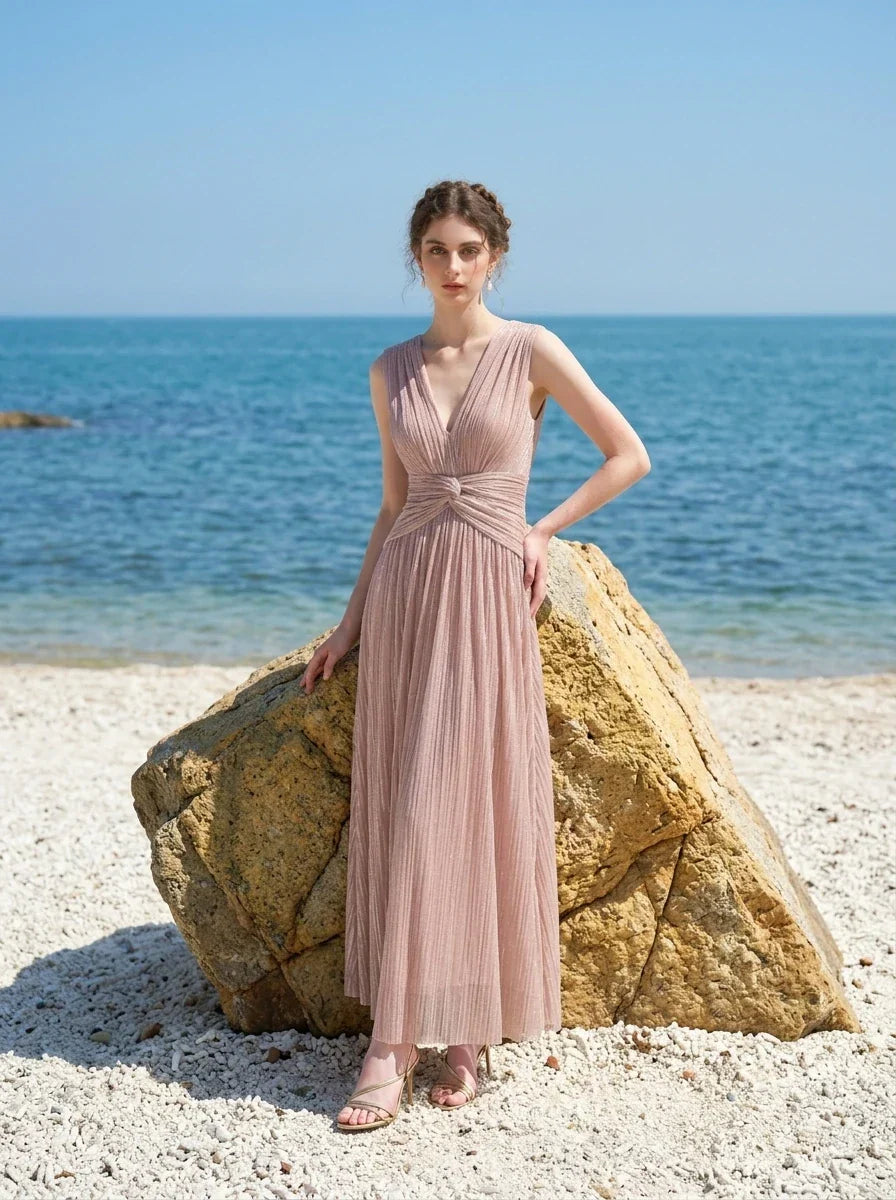 Rose Gold Metallic V-Neck Maxi Dress