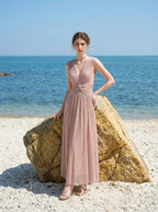 Rose Gold Metallic V-Neck Maxi Dress