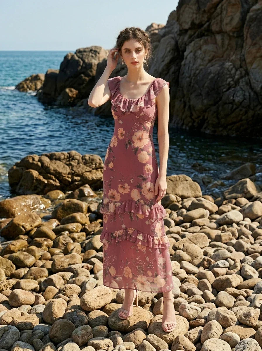 Plum Floral Ruffle Tiered Maxi Dress