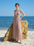 Rose Gold Metallic V-Neck Maxi Dress