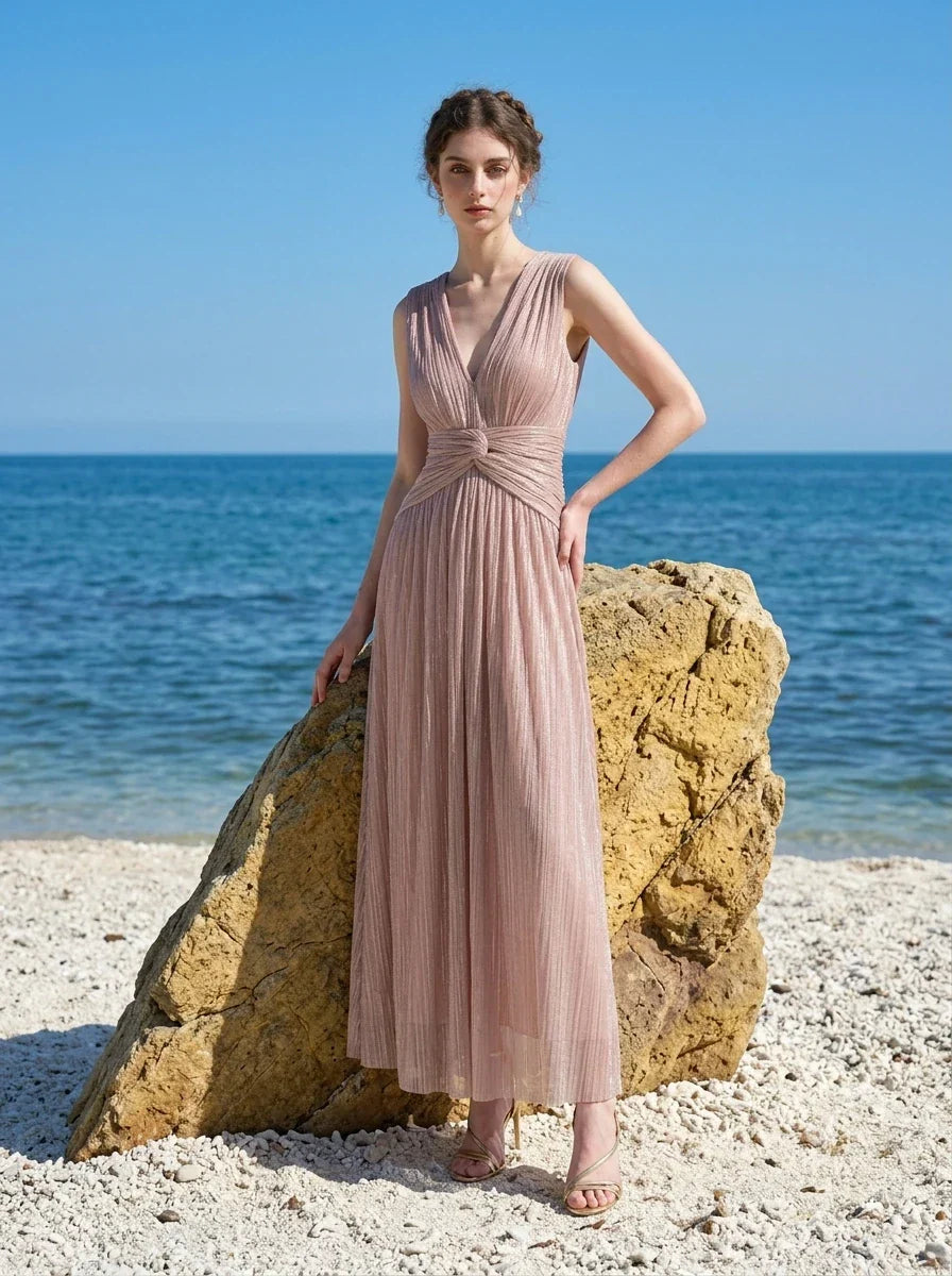 Rose Gold Metallic V-Neck Maxi Dress