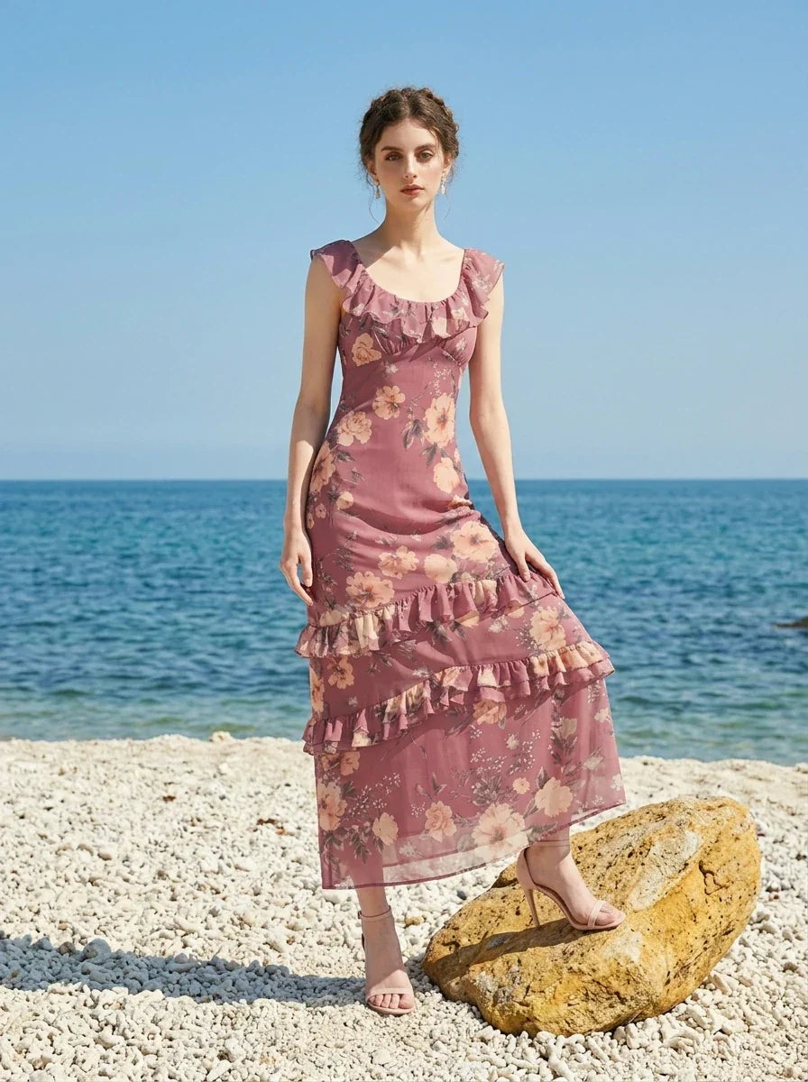 Plum Floral Ruffle Tiered Maxi Dress