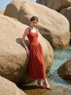 Rust Red Scoop Neck Stereo Cut Maxi Dress