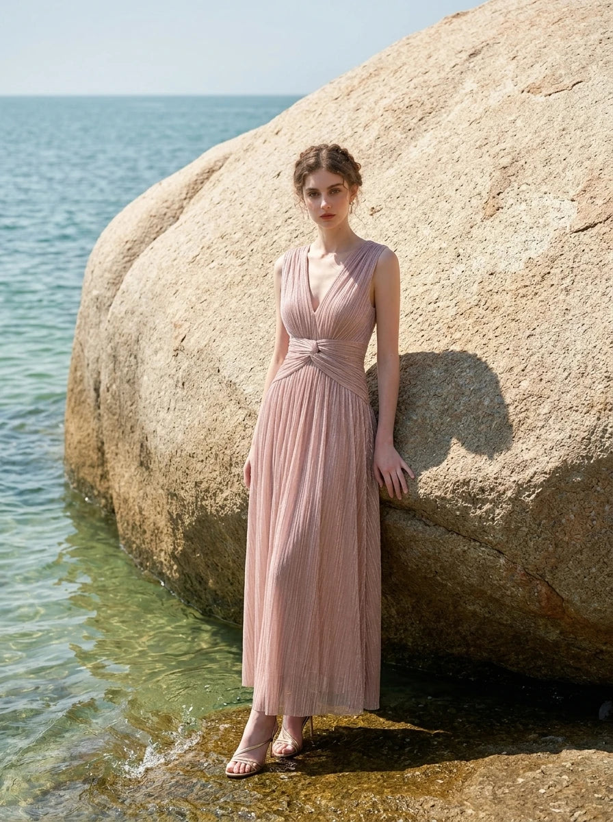 Rose Gold Metallic V-Neck Maxi Dress