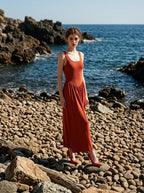 Rust Red Scoop Neck Stereo Cut Maxi Dress