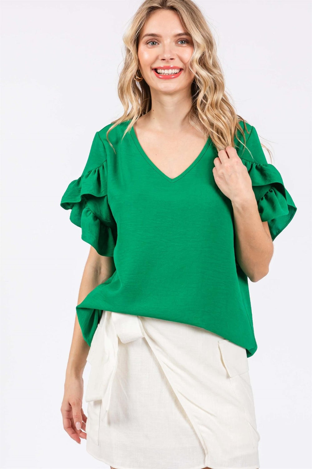 GeeGee Ruffled Short Sleeve V-Neck Blouse - Charming Charlie Main image