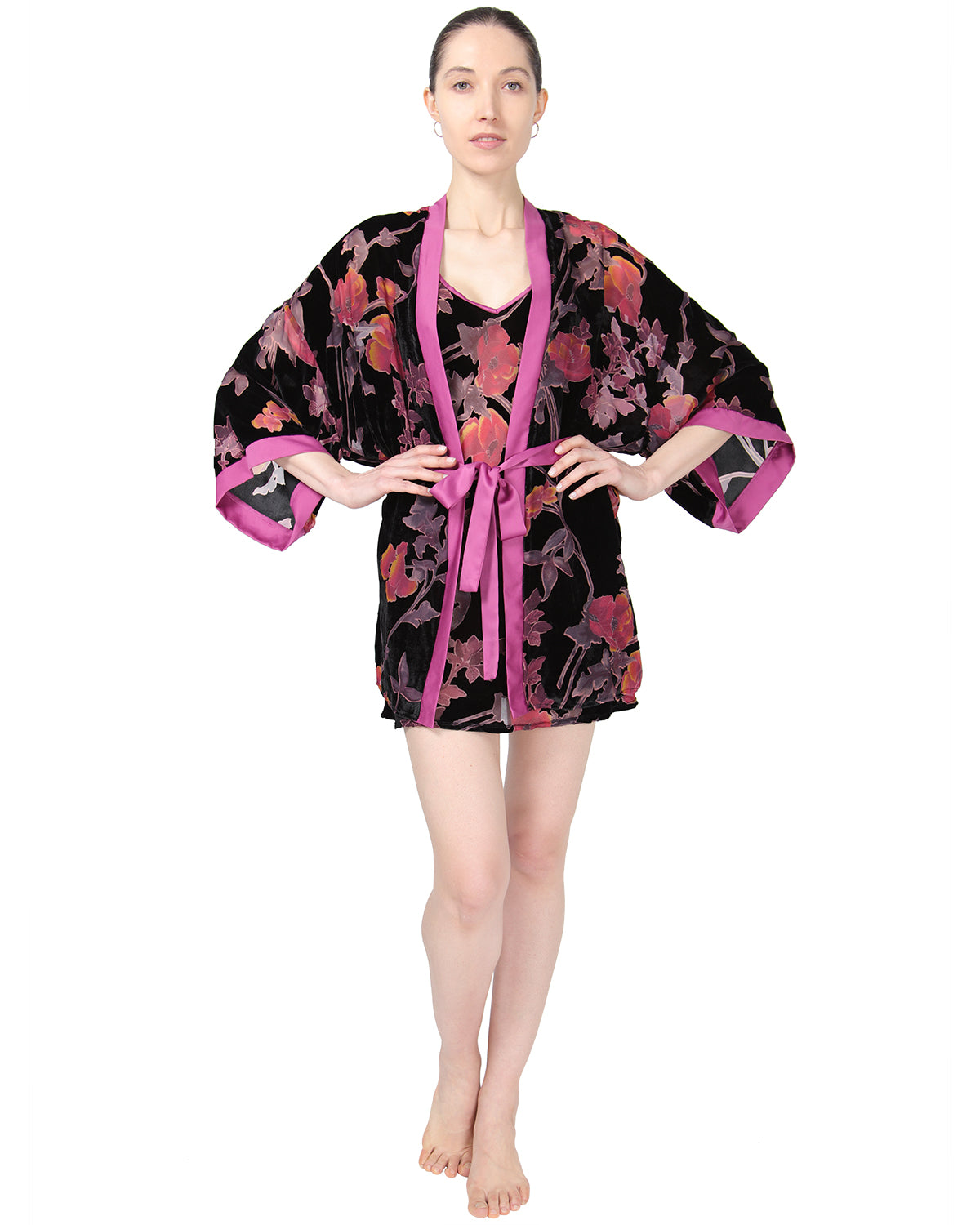 Women's Velvet Burnout Satin Trim Floral Kimono Robe - Charming Charlie Main image