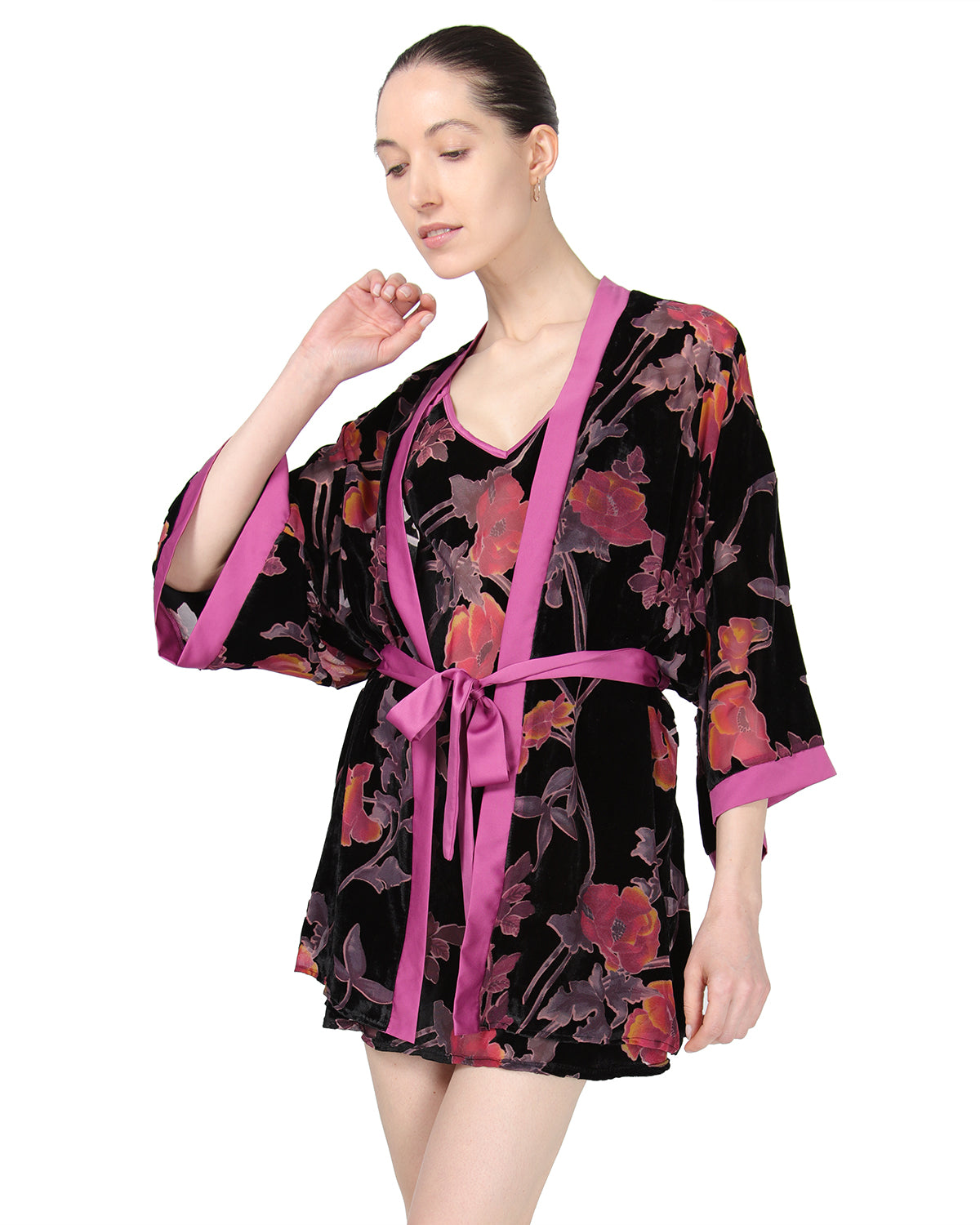 Women's Velvet Burnout Satin Trim Floral Kimono Robe Secondary image