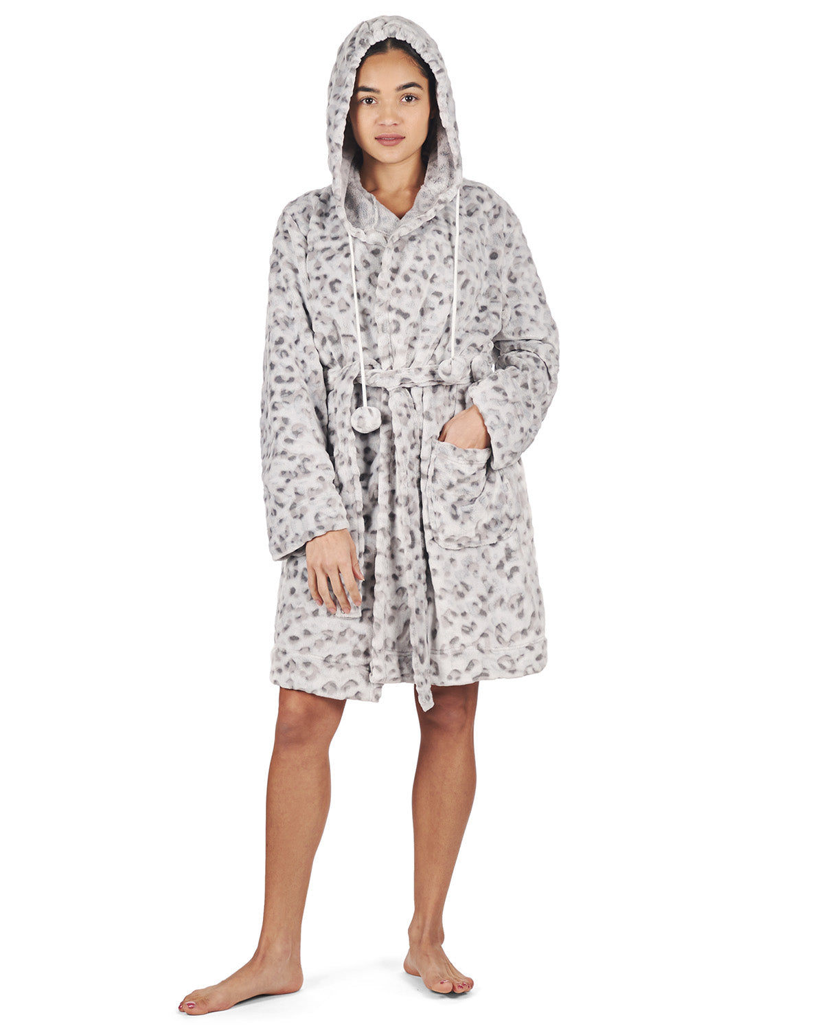 Women's Leopard Print Plush Robe with Pom-Pom Drawstrings - Charming Charlie Main image