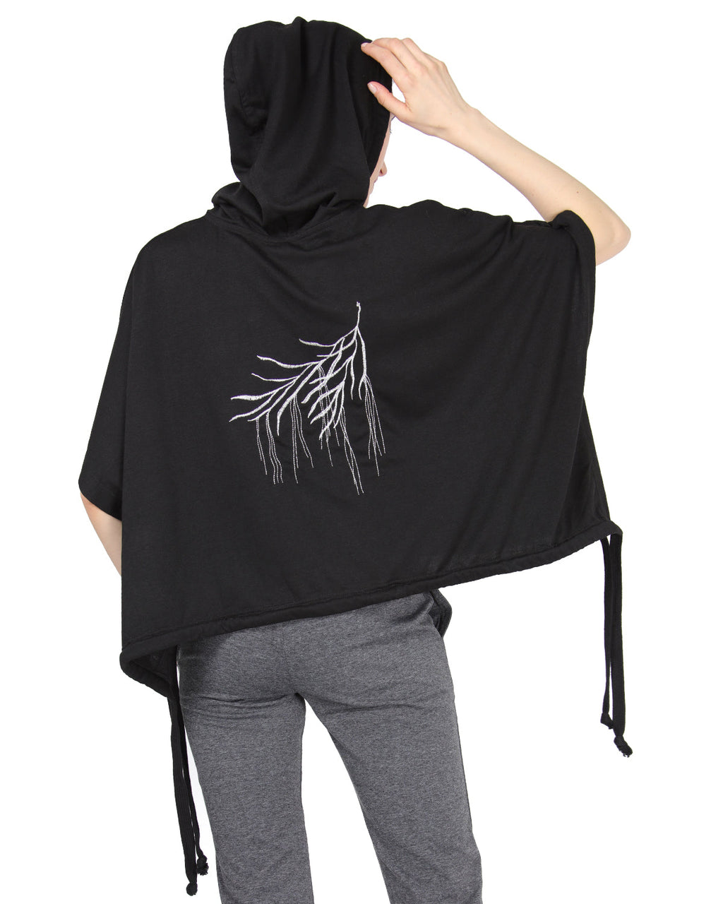 Women's Hooded Cotton Blend Cape with Tie Detail and Embroidery - Charming Charlie