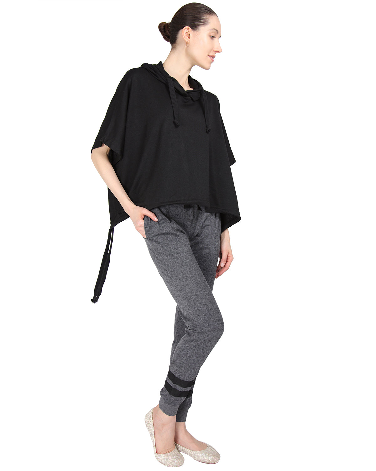 Women's Hooded Cotton Blend Cape with Tie Detail and Embroidery - Charming Charlie Main image